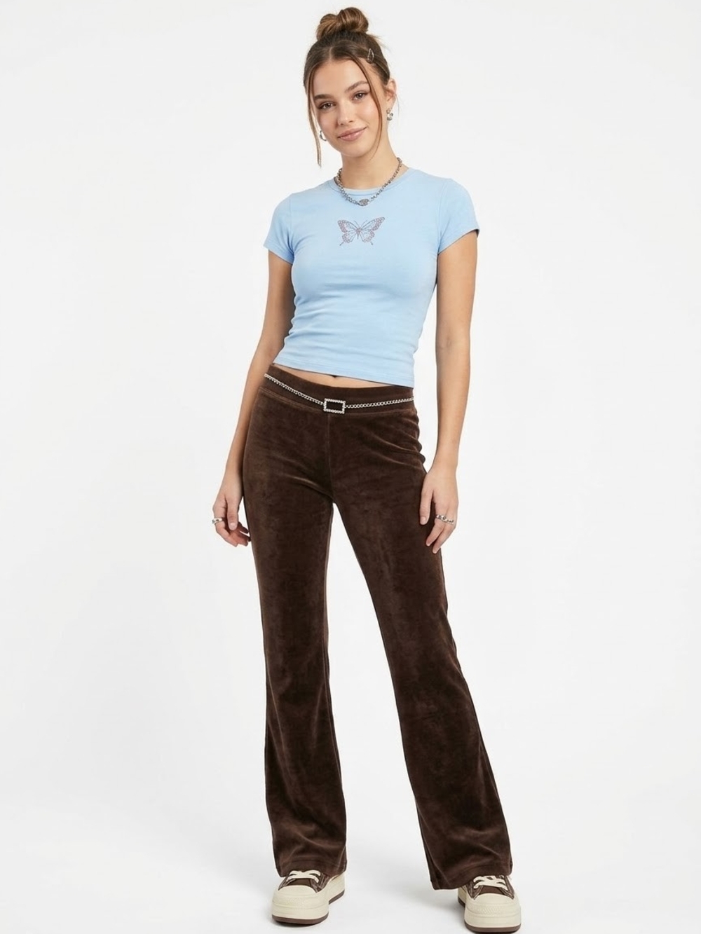 Vintage Y2K Womenโs Chocolate Brown Velour Mid Rise Flare Lounge Track Pants P/P
